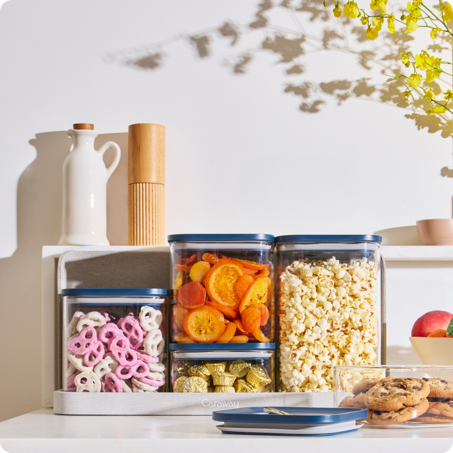 Stacked glass containers with food